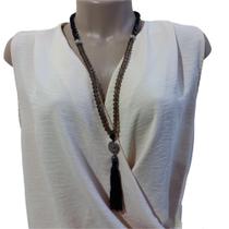 Colar Bella, longo 65 cm, com esferas de cristais nas cores preto e caqui e pingente tassel