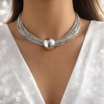 Colar Big Ball Choker Prateado Múltiplas Correntes Leve Ajustável