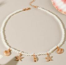 Colar Boho Pérolas Estrela Do Mar E Conchas Banhado Ouro