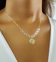 Colar Bola Cristal com São Bento Banhado a Ouro