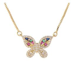 Colar Borboleta Pedra Zirconia Colorido Dourado F. Ouro 18k Colar Borboleta Pedra Zirconia Colorido Dourado F. Ouro 18k