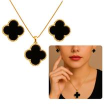Colar Brinco Feminino Trevo Preto Folheado Banhado Ouro 18k