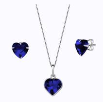Colar Brinco Infantil Coração Zirconia Prata 925 azul claro