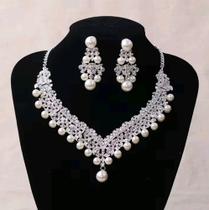 Colar, Brincos Noivas Luxo com Pérolas e Zircôneas