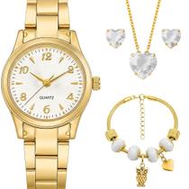 Colar brincos + relogio banhado feminino aco inox + pulseira pingente presente ponteiro social qualidade premium casual