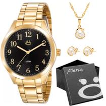 Colar + Brincos + Relogio Feminino Dourado Aço Inox + Caixa