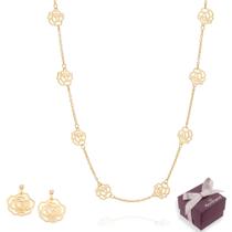 Colar + Brincos Rommanel Presente Feminino Natal Rosas Vazadas Lindo Banhado Ouro 18k