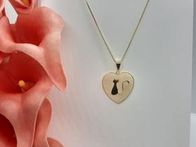 Colar C/ Pingente Madre Pérola Coração Gato Gatinho Semijoia