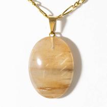 Colar Cabochão Cristal com Inclusão Cabelo Laranja Dourado Colar Cabochão Cristal com Inclusão Cabelo Laranja Dourado