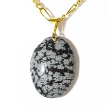 Colar Cabochao Obsidiana Flocos de Neve Pino Dourado Colar Cabochao Obsidiana Flocos de Neve Pino Dourado