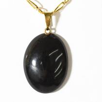 Colar Cabochão Obsidiana Negra Pedra Natural Pino Dourado