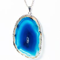 Colar Chapa de Agata Azul Pedra Natural Envolto Prateado Colar Chapa de Agata Azul Pedra Natural Envolto Prateado
