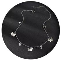 Colar Chocker Borboletas Estrelas Prateado Detalhes Colar Chocker Borboletas Estrelas Prateado Detalhes