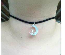 Colar Chocker Gato e Meia Lua Sintético Preto