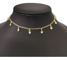 Colar Chocker Pedra Zirconia Coração F. Ouro 18k Semi Joia