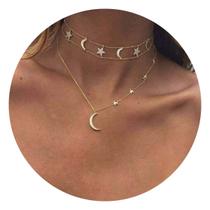 Colar Chocker Trançado Lua Estrelas Feminino Simples Festas