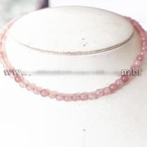 Colar Choker Bolinha 6mm Pedra Quartzo Rosa Rolada 40cm