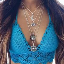 Colar Choker Camadas Lua Mandala Elefante Prateada 4 Peças