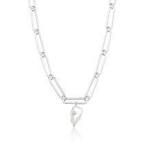 Colar choker com elos ovais folheado em ródio branco com pérola barroca e cristal - Juno Joias