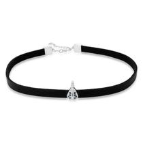 Colar Choker de Couro Preto Nossa Sra. Aparecida Revestido em Prata