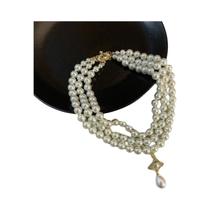 Colar Choker De Pérolas Redondas Em Três Camadas Para Mulheres Com Pingente Irregular Em Forma De