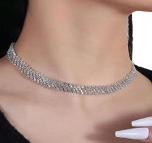 Colar Choker De Strass Prateado Look Festa Coleção Iluminar