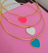 Colar Choker Elo Aro com Pingente Coração Liso Folheado Ouro 18k Tendência Moda Blogueira 2023