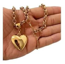 Colar Choker Elo Português E Pingente Coração Folheado Ouro