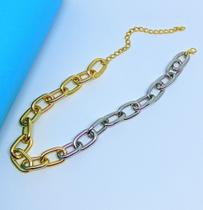 Colar Choker Feminina Corrente Elo Grosso dois Banhos Mix Dourado com Prateado Luxo Acessórios Feminino Tendência