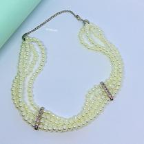 Colar Choker Feminino 4 voltas pérolas Branco Gargantilha 4 fileiras Mix Pérola com pedras Zircônias folheado prata