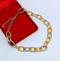 Colar Choker Feminino Corrente mistura dois Banhos Dourado com Prata elos Grosso Folheado Ouro Lançamento Tendência