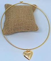 Colar Choker Feminino Elo Aro com Pingente Coração Liso Grande Folheado Ouro 18k Tendência moda Blogueira Luxo