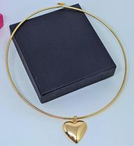 Colar Choker Feminino Elo Aro com Pingente Coração Liso Grande Folheado Ouro 18k Tendência moda Blogueira Luxo