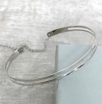 Colar Choker Feminino Elo Aro Duplo Liso Metal Ajustável Folheado Ouro 18k Tendência Blogueira Lançamento 2023