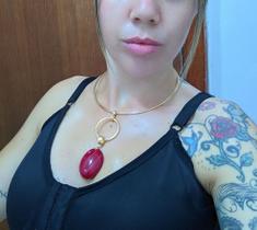 Colar Choker Feminino Elo Aro Liso Pingente Pedra Resina Gota Oval Grande Folheado Ouro 18k Tendência Moda Luxo Presente