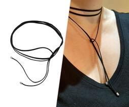 Colar Choker Feminino Preto de Camurça e Ponteiras de Metal Prateado