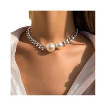 Colar Choker Feminino Vintage Punk Com Corrente Cubana E Pingente De Pérola Imitada, Joia De Moda