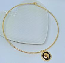 Colar Choker Gargantilha Feminino Elo Aro Liso Pingente Redonda Leão Preto Branco Folheado Ouro 18k Tendência Moda Luxo Colar Choker Gargantilha Feminino Elo Aro Liso Pingente Redonda Leão Preto Branco Folheado Ouro 18k Tendência Moda Luxo