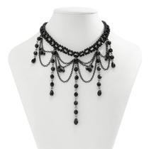 Colar Choker Gótico Preto Com Cristais E Franjas, Colar De Contas Multicamadas Para Mulheres E