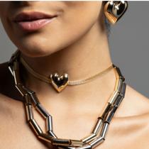 Colar Choker Malha com Coração Liso Banhado a Ouro