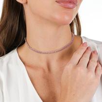 Colar Choker Prata Pedras Zircônia Rosa Gargantilha Feminina