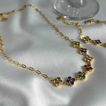 Colar Choker Trevo Alhambra Zircônia Color Banhado em Ouro 18k