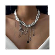 Colar Choker Vintage Com Estrela E Coração, Multicamadas, Imitação De Pérola, Joias Para Festas Colar Choker Vintage Com Estrela E Coração, Multicamadas, Imitação De Pérola, Joias Para Festas