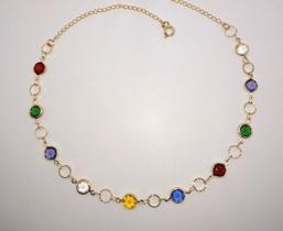 Colar Choker Zircônias Coloridas Intercaladas com Pequenos Círculos Banhado em Ouro 18K