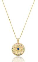 Colar Cíntia Veneziana Com Pingente Medalha Olho Grego Cravejado Zircônia Colorida banhado em ouro 18k Colar Cíntia Veneziana Com Pingente Medalha Olho Grego Cravejado Zircônia Colorida banhado em ouro 18k