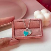 Colar Clássico Tiffany Duplo Coração Azul Rosa Folheado Prata 925 Pingente Feminino