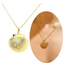 Colar Com 2 Fotos Relicário Concha Folheado A Ouro 18k