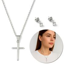 Colar Com Brinco E Pingente Crucifixo Feminino Prata