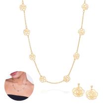 Colar Com Brincos Rommanel Rosas Vazadas Presente Feminino Banhados A Ouro18k