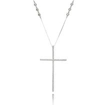 Colar com Crucifixo Zircônia Cristal 7 cm Corrente 8 Pontos de Luz Semijoia Ródio Branco